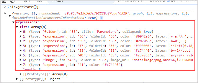 The browser console, with the list of expressions in the Desmos app, obtained after running Calc.getState();